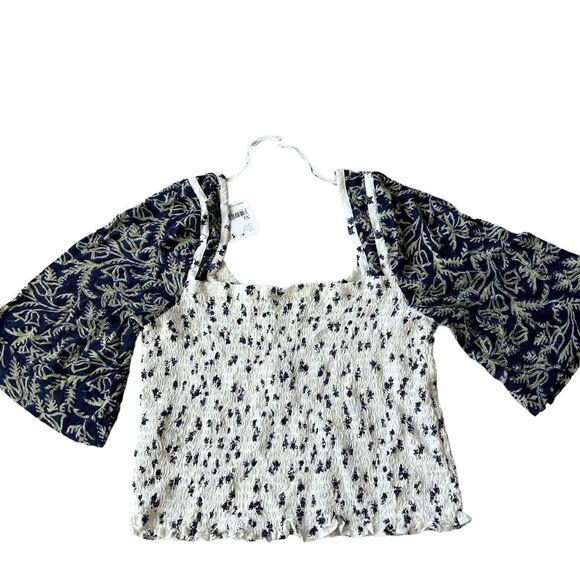 Free People XL Oversized Bell Sleeve Smocked Crop Top Blue Ditzy Floral Coquette - Picture 2 of 6